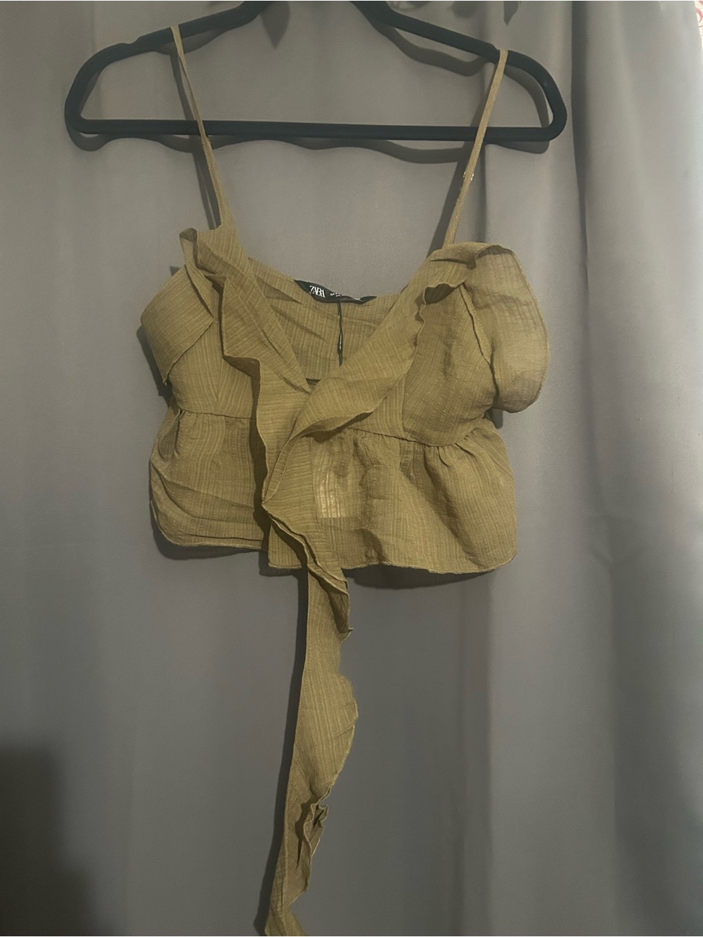 Zara Olive Ruffle Tie-Front Crop Camisole